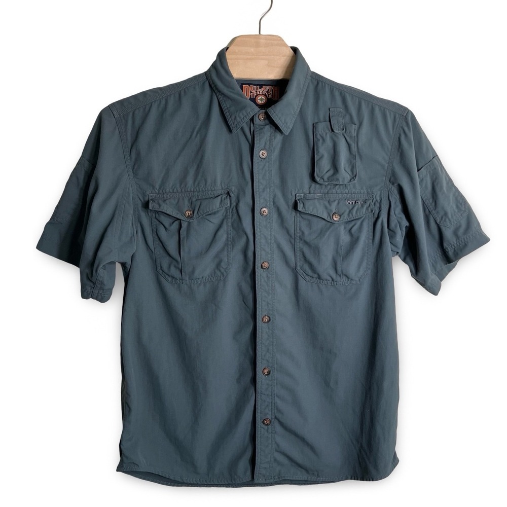 Duluth Trading Co DTP Mens Large Blue Gray Nylon Short Sleeve Utility Work Shirt